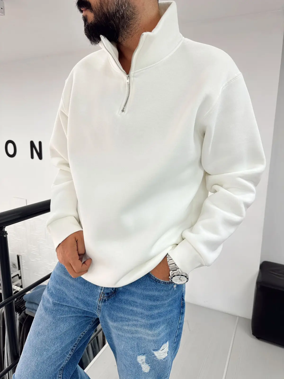 Yaka Fermuar Şardonlu Sweat